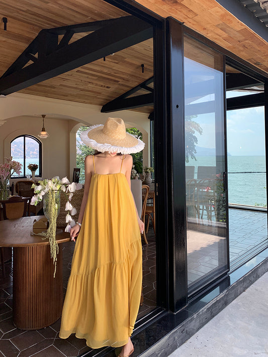 Minimalist A-Line Spaghetti Straps Flowy Maxi Dress Loose Fit Yellow Backless Long Dress AP3512