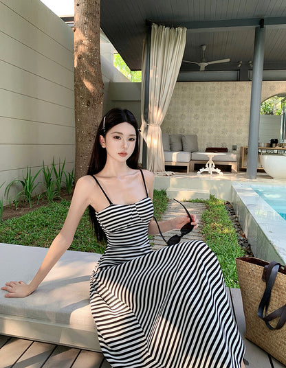 Ethereal A-Line Spaghetti Straps Backless Maxi Dress Novelty Black & White Striped Long Dress AP3513