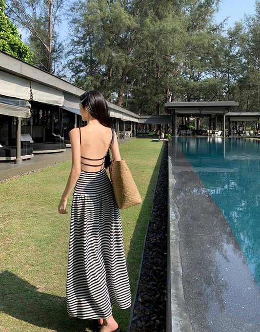 Ethereal A-Line Spaghetti Straps Backless Maxi Dress Novelty Black & White Striped Long Dress AP3513