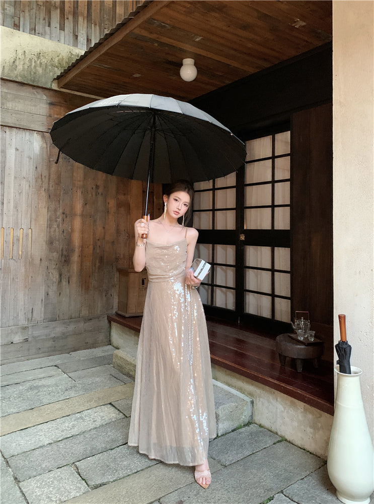 Sheen A-Line Spaghetti Straps Sequins Design Maxi Dress Sparkly Ruched Evening Outfit Long Dress AP3514