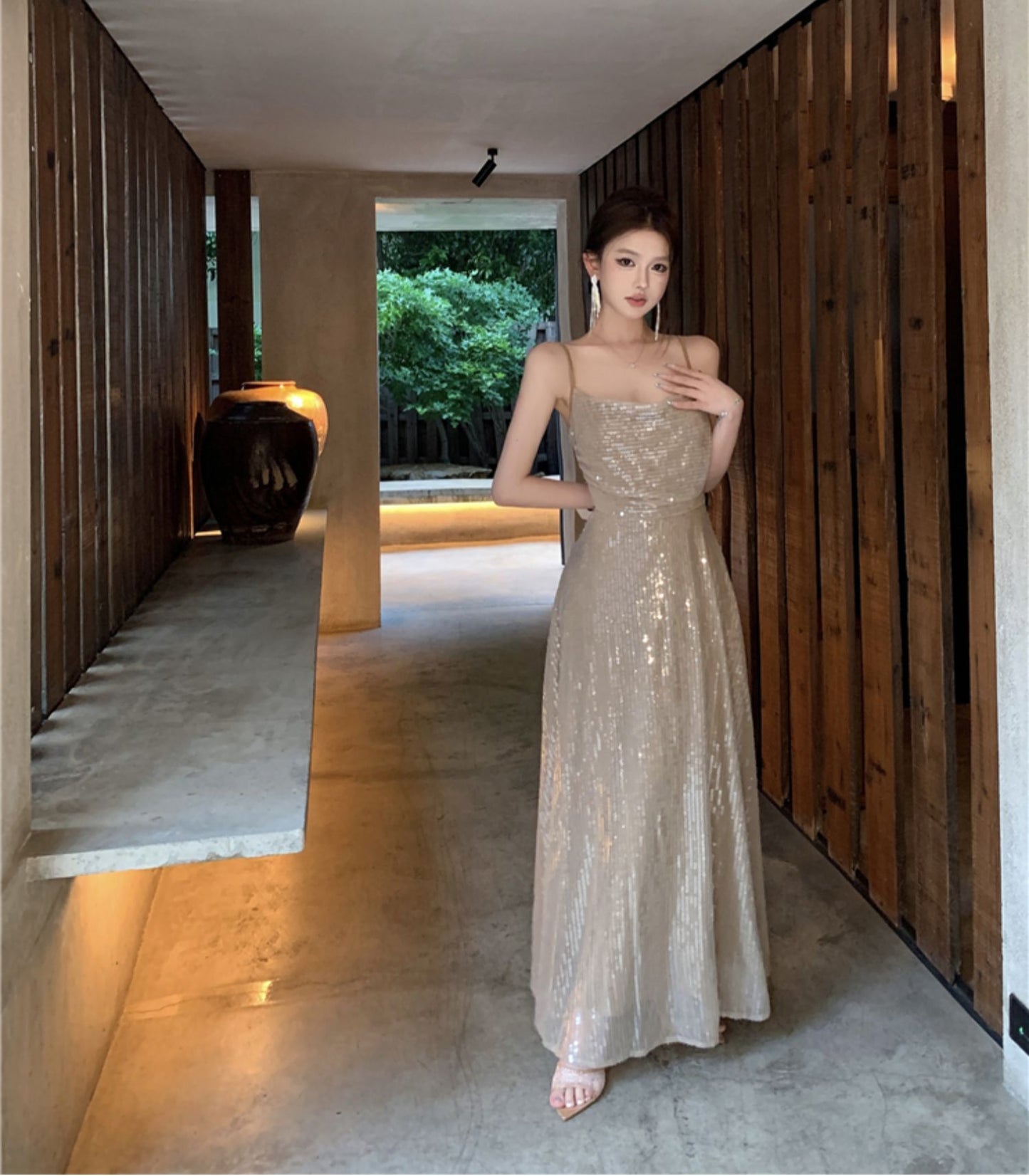 Sheen A-Line Spaghetti Straps Sequins Design Maxi Dress Sparkly Ruched Evening Outfit Long Dress AP3514