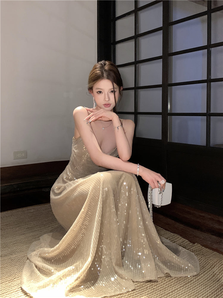 Sheen A-Line Spaghetti Straps Sequins Design Maxi Dress Sparkly Ruched Evening Outfit Long Dress AP3514