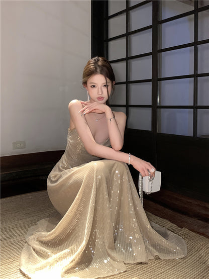 Sheen A-Line Spaghetti Straps Sequins Design Maxi Dress Sparkly Ruched Evening Outfit Long Dress AP3514
