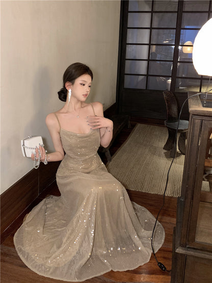 Sheen A-Line Spaghetti Straps Sequins Design Maxi Dress Sparkly Ruched Evening Outfit Long Dress AP3514