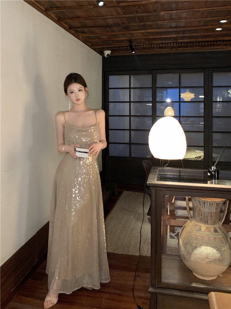 Sheen A-Line Spaghetti Straps Sequins Design Maxi Dress Sparkly Ruched Evening Outfit Long Dress AP3514