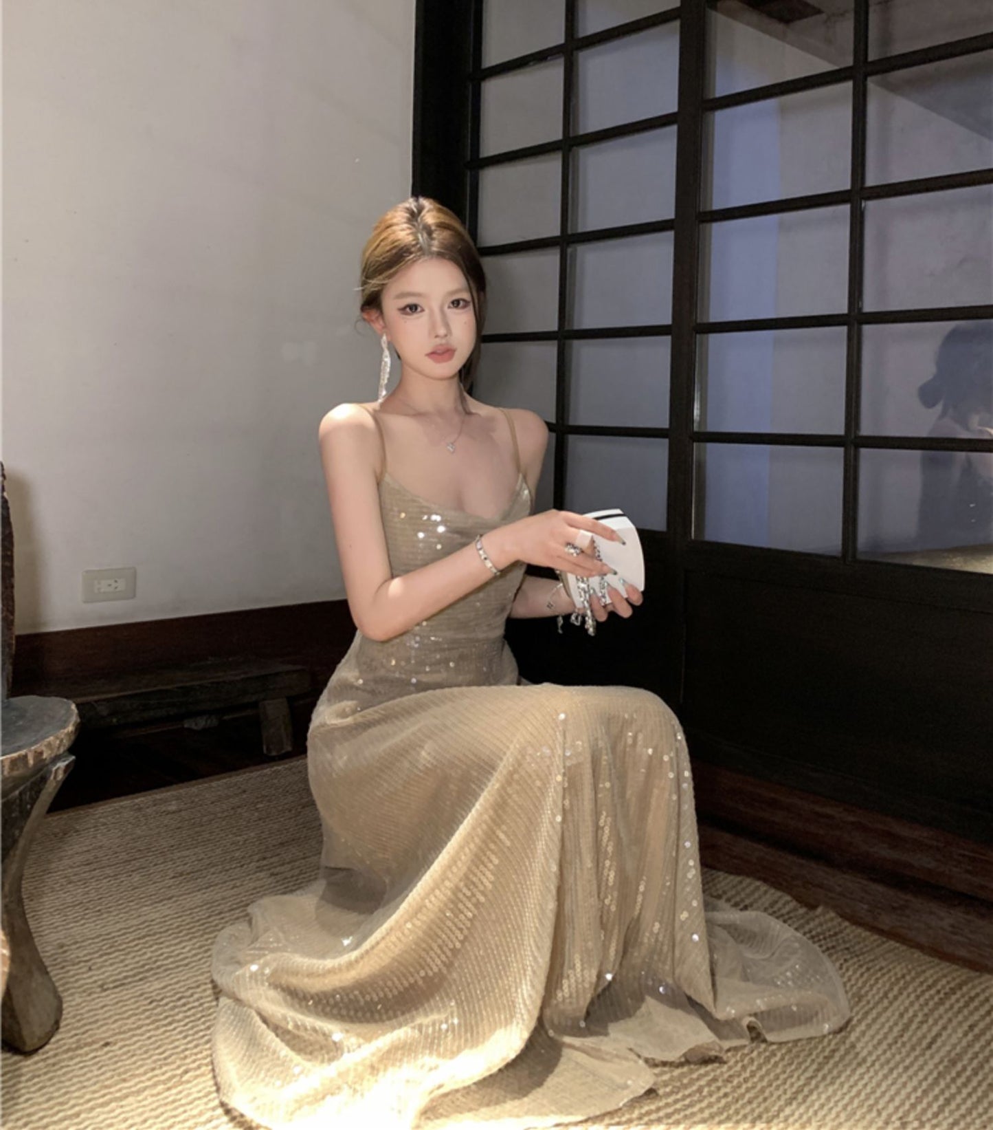 Sheen A-Line Spaghetti Straps Sequins Design Maxi Dress Sparkly Ruched Evening Outfit Long Dress AP3514