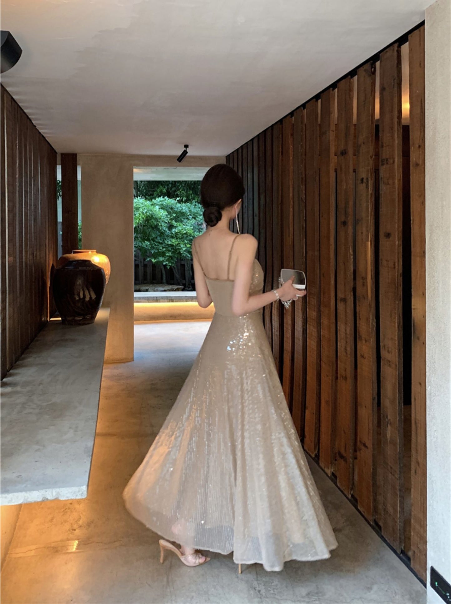 Sheen A-Line Spaghetti Straps Sequins Design Maxi Dress Sparkly Ruched Evening Outfit Long Dress AP3514