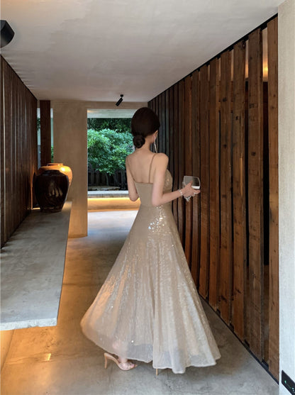 Sheen A-Line Spaghetti Straps Sequins Design Maxi Dress Sparkly Ruched Evening Outfit Long Dress AP3514