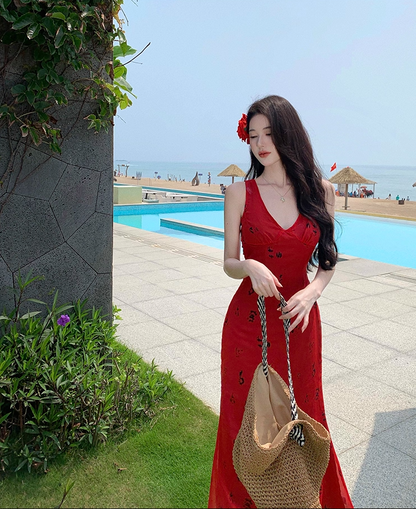 Dreamy V Neck Mermaid Floral Print Maxi Dress Alluring Red Tie-Back Vacays Outfit Long Dress AP3515
