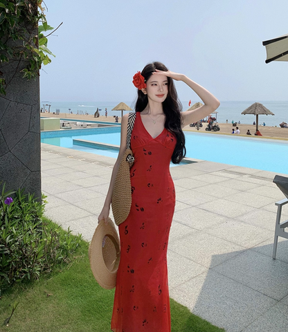 Dreamy V Neck Mermaid Floral Print Maxi Dress Alluring Red Tie-Back Vacays Outfit Long Dress AP3515