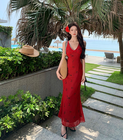 Dreamy V Neck Mermaid Floral Print Maxi Dress Alluring Red Tie-Back Vacays Outfit Long Dress AP3515