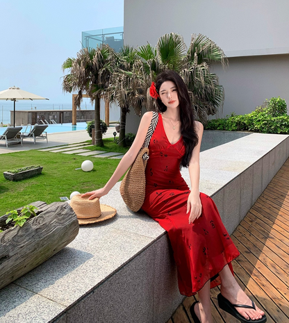 Dreamy V Neck Mermaid Floral Print Maxi Dress Alluring Red Tie-Back Vacays Outfit Long Dress AP3515