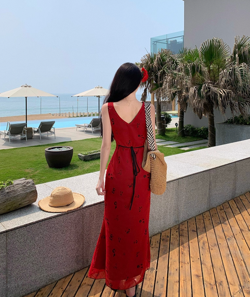 Dreamy V Neck Mermaid Floral Print Maxi Dress Alluring Red Tie-Back Vacays Outfit Long Dress AP3515