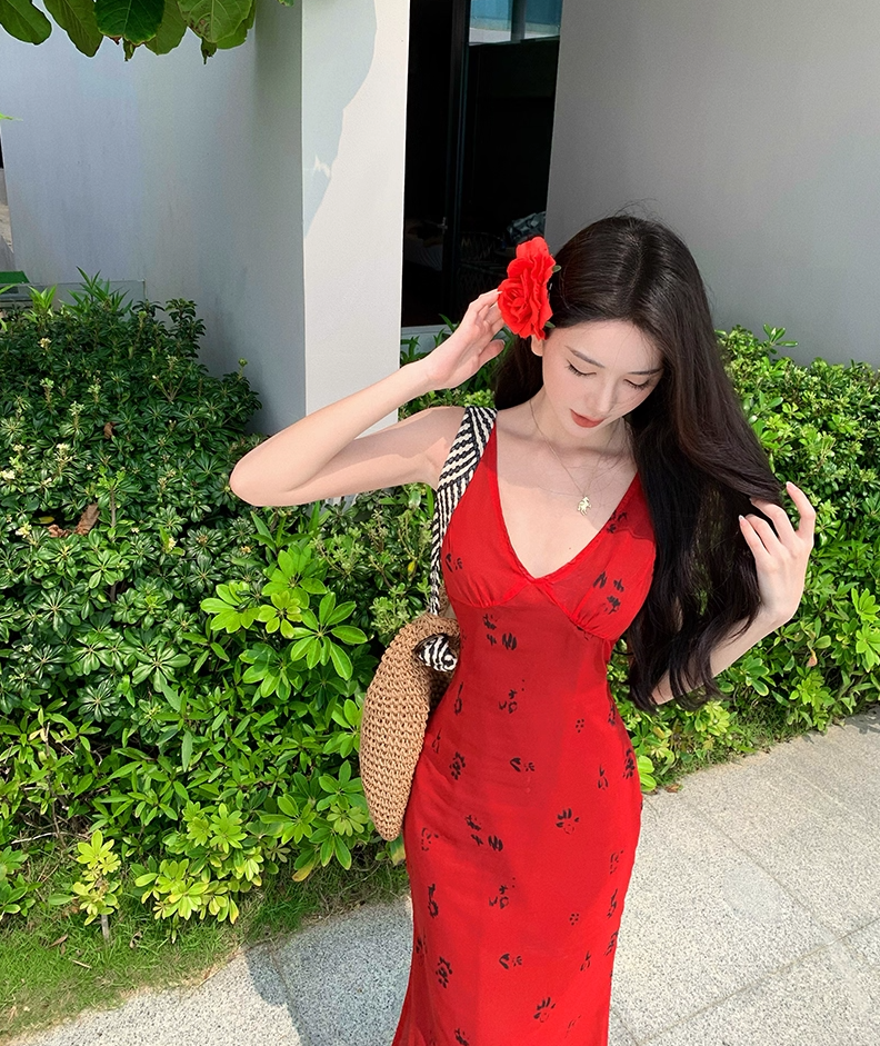 Dreamy V Neck Mermaid Floral Print Maxi Dress Alluring Red Tie-Back Vacays Outfit Long Dress AP3515