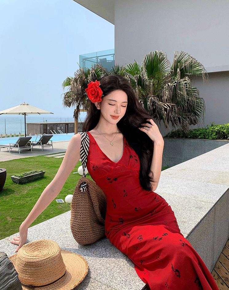Dreamy V Neck Mermaid Floral Print Maxi Dress Alluring Red Tie-Back Vacays Outfit Long Dress AP3515