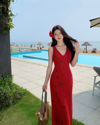 Dreamy V Neck Mermaid Floral Print Maxi Dress Alluring Red Tie-Back Vacays Outfit Long Dress AP3515