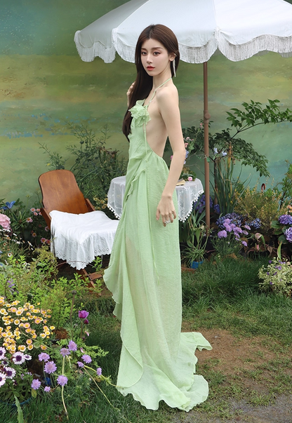 Vintage A-Line High-Slit Ruffles Trim Maxi Dress Dreamy 3D Floral Accent Backless Halter Long Dress AP3517