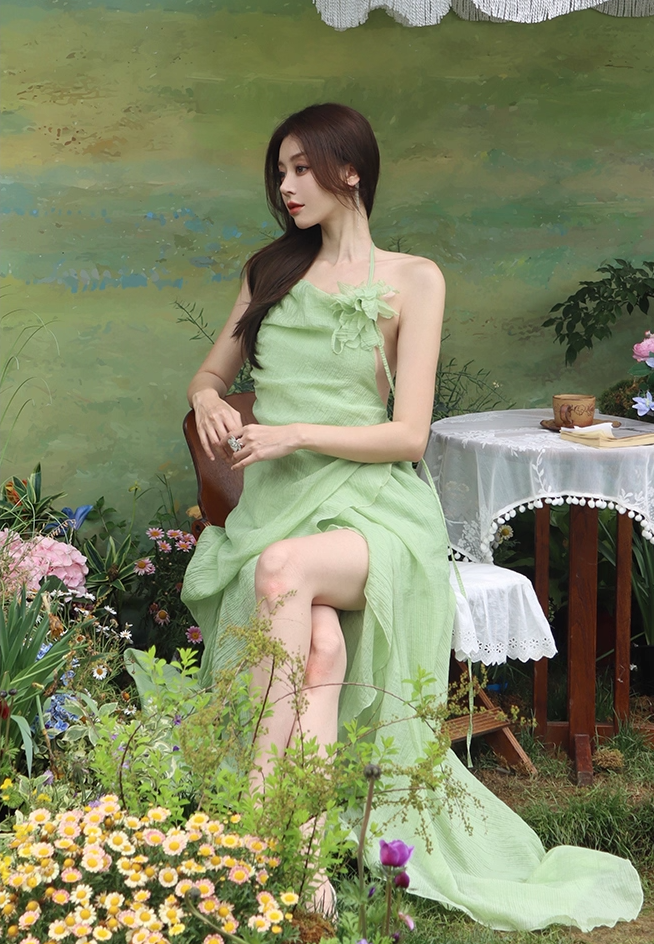 Vintage A-Line High-Slit Ruffles Trim Maxi Dress Dreamy 3D Floral Accent Backless Halter Long Dress AP3517