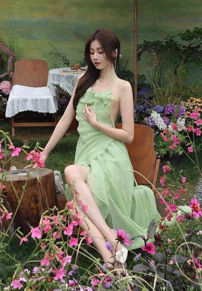 Vintage A-Line High-Slit Ruffles Trim Maxi Dress Dreamy 3D Floral Accent Backless Halter Long Dress AP3517