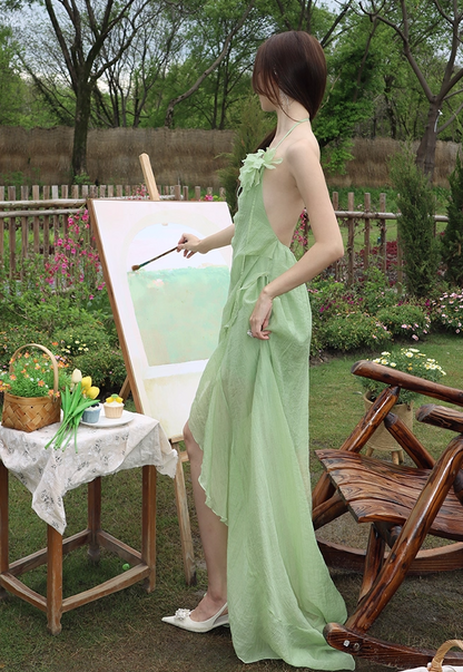 Vintage A-Line High-Slit Ruffles Trim Maxi Dress Dreamy 3D Floral Accent Backless Halter Long Dress AP3517