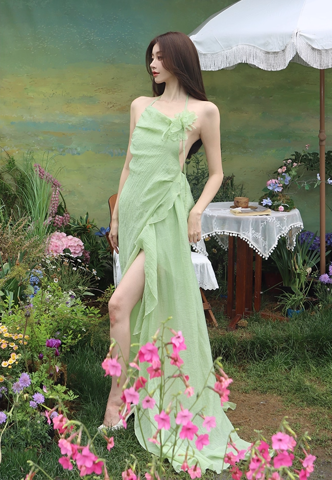 Vintage A-Line High-Slit Ruffles Trim Maxi Dress Dreamy 3D Floral Accent Backless Halter Long Dress AP3517