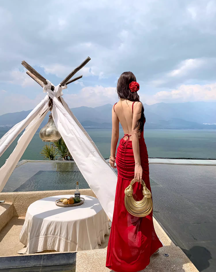 Cute Spaghetti Strap Red High-Slit Maxi Dress Vogue Draped 3D Floral Backless Sheath Long Dress AP3518