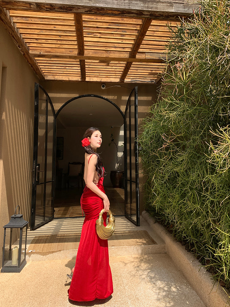 Cute Spaghetti Strap Red High-Slit Maxi Dress Vogue Draped 3D Floral Backless Sheath Long Dress AP3518