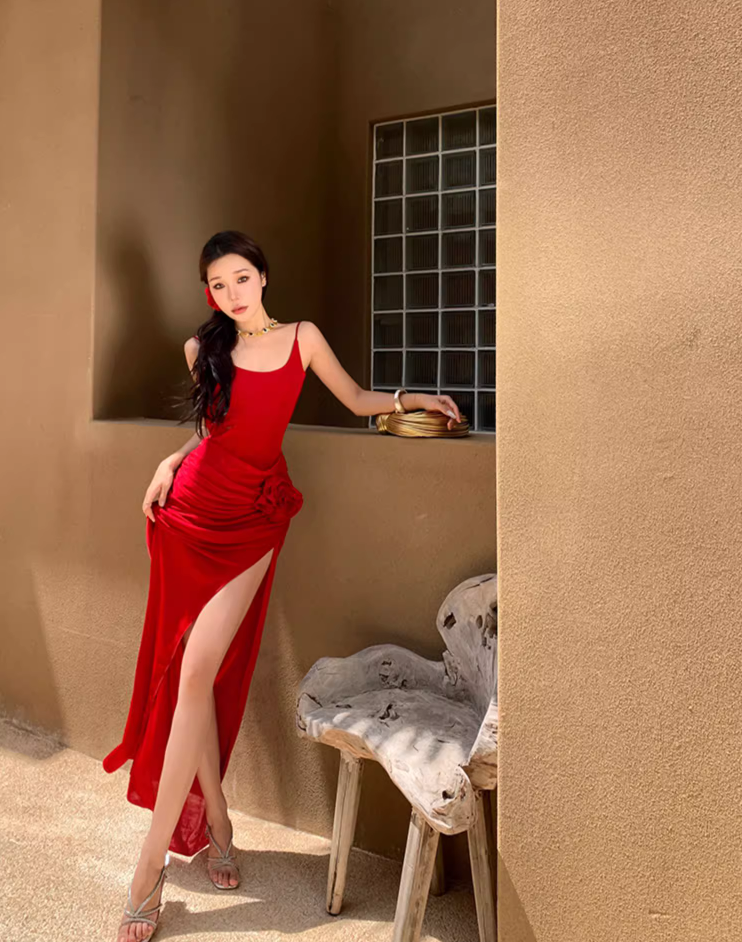 Cute Spaghetti Strap Red High-Slit Maxi Dress Vogue Draped 3D Floral Backless Sheath Long Dress AP3518