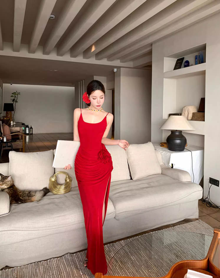 Cute Spaghetti Strap Red High-Slit Maxi Dress Vogue Draped 3D Floral Backless Sheath Long Dress AP3518