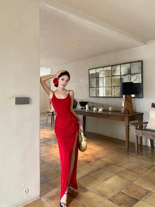 Cute Spaghetti Strap Red High-Slit Maxi Dress Vogue Draped 3D Floral Backless Sheath Long Dress AP3518