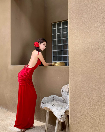 Cute Spaghetti Strap Red High-Slit Maxi Dress Vogue Draped 3D Floral Backless Sheath Long Dress AP3518