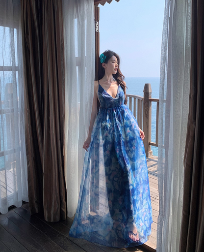 Sweet A-Line Spaghetti Straps Floral Print Maxi Dress Dreamy Flowy Crisscross Back Vacays Outfit Long Dress AP3519