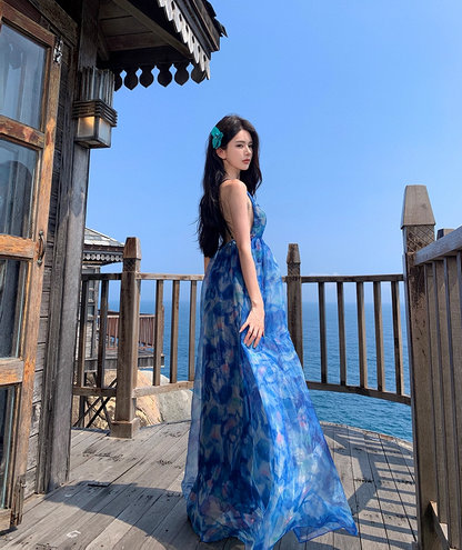 Sweet A-Line Spaghetti Straps Floral Print Maxi Dress Dreamy Flowy Crisscross Back Vacays Outfit Long Dress AP3519