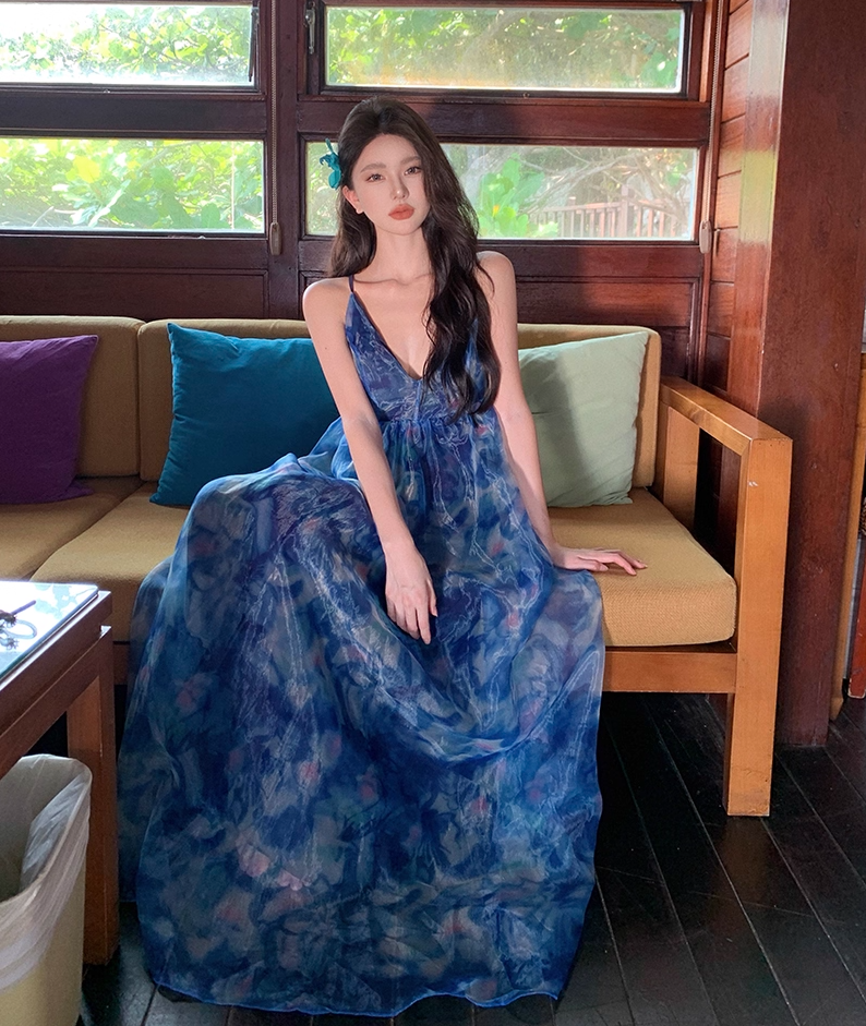 Sweet A-Line Spaghetti Straps Floral Print Maxi Dress Dreamy Flowy Crisscross Back Vacays Outfit Long Dress AP3519