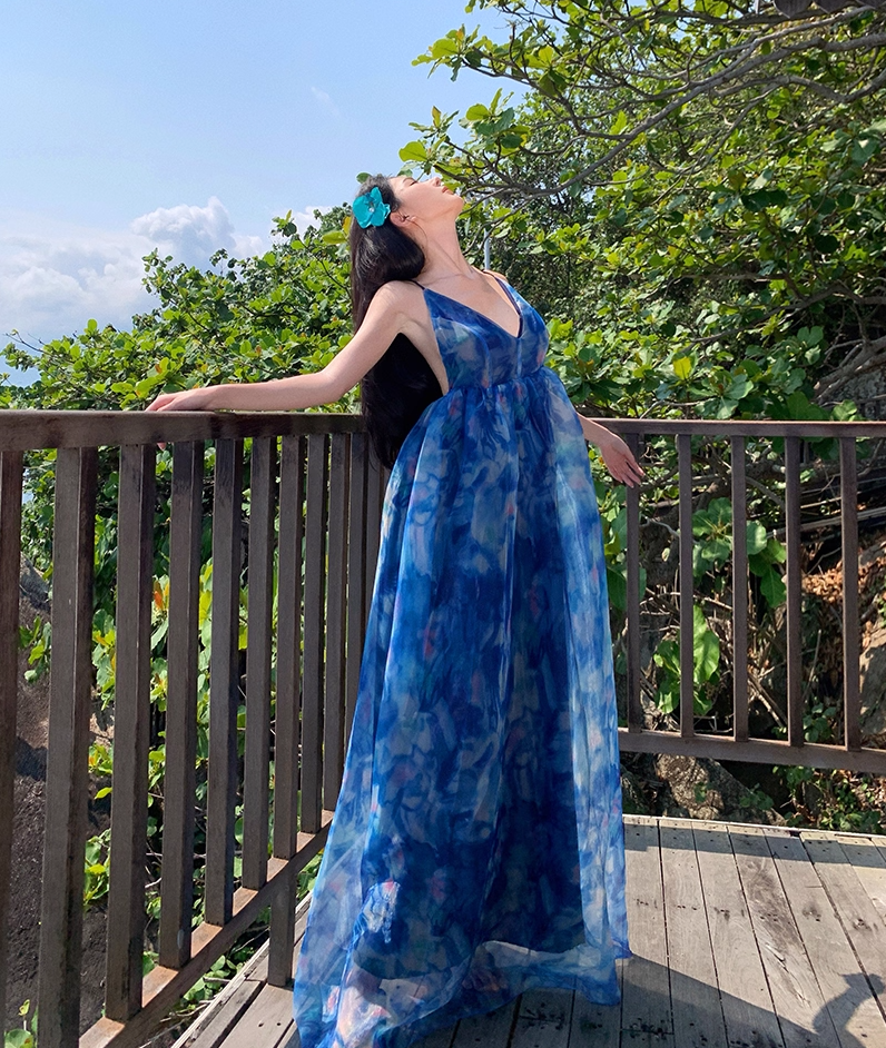 Sweet A-Line Spaghetti Straps Floral Print Maxi Dress Dreamy Flowy Crisscross Back Vacays Outfit Long Dress AP3519