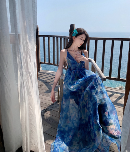 Sweet A-Line Spaghetti Straps Floral Print Maxi Dress Dreamy Flowy Crisscross Back Vacays Outfit Long Dress AP3519