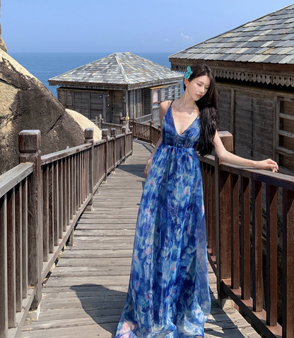 Sweet A-Line Spaghetti Straps Floral Print Maxi Dress Dreamy Flowy Crisscross Back Vacays Outfit Long Dress AP3519