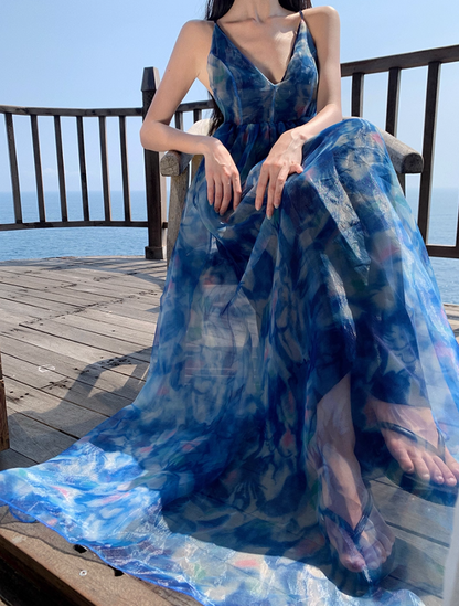 Sweet A-Line Spaghetti Straps Floral Print Maxi Dress Dreamy Flowy Crisscross Back Vacays Outfit Long Dress AP3519