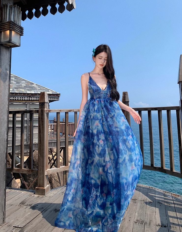 Sweet A-Line Spaghetti Straps Floral Print Maxi Dress Dreamy Flowy Crisscross Back Vacays Outfit Long Dress AP3519