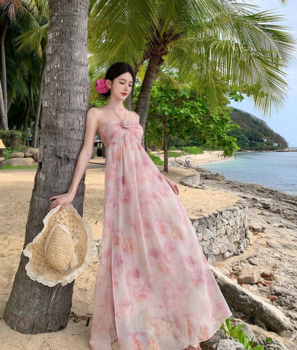 Fantastic A-Line 3D Flower Accent Flowy Tulle Maxi Dress Cute Floral Print Adjustable Tie-Back Halter Long Dress AP3520