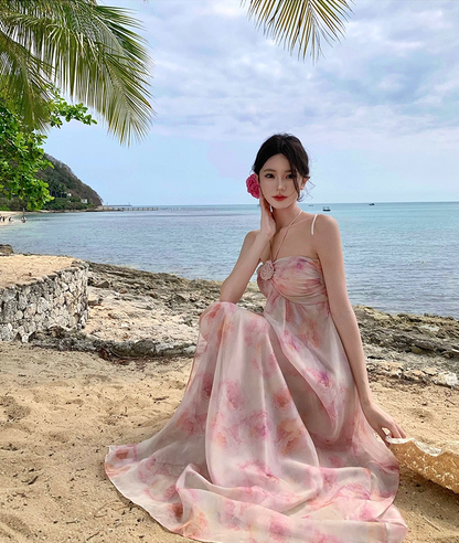 Fantastic A-Line 3D Flower Accent Flowy Tulle Maxi Dress Cute Floral Print Adjustable Tie-Back Halter Long Dress AP3520