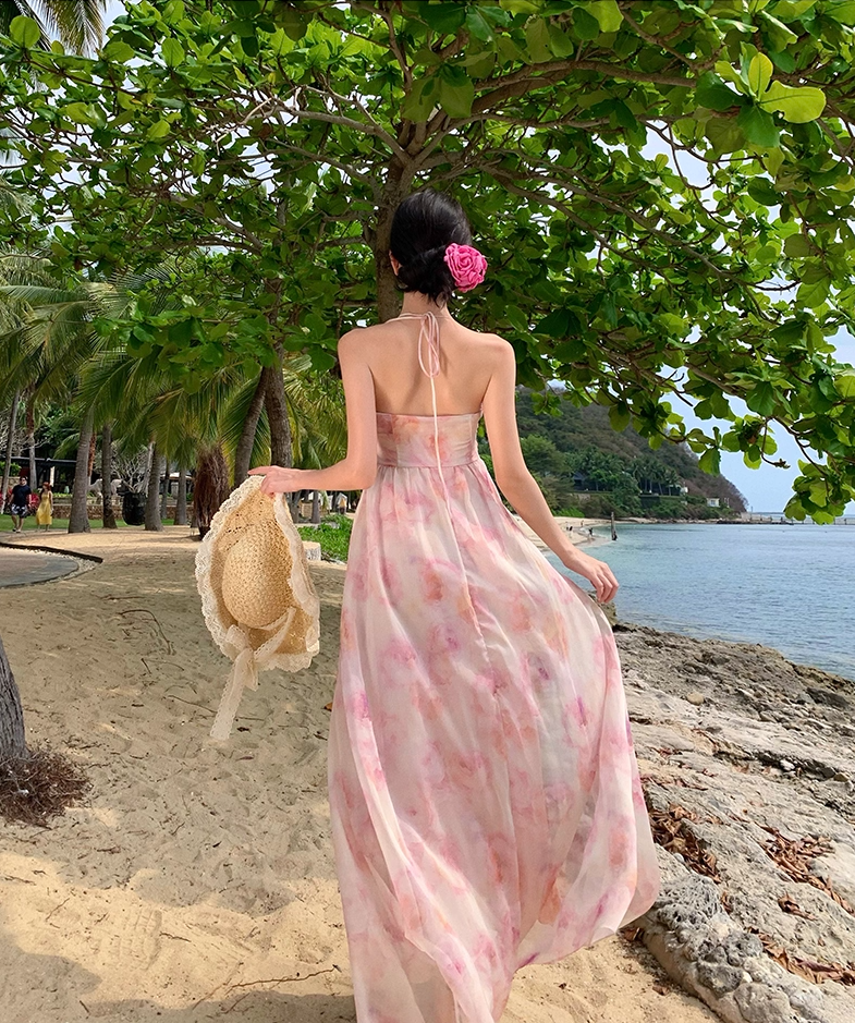 Fantastic A-Line 3D Flower Accent Flowy Tulle Maxi Dress Cute Floral Print Adjustable Tie-Back Halter Long Dress AP3520