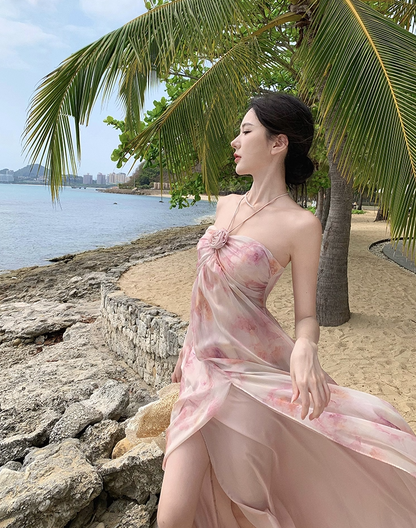 Fantastic A-Line 3D Flower Accent Flowy Tulle Maxi Dress Cute Floral Print Adjustable Tie-Back Halter Long Dress AP3520