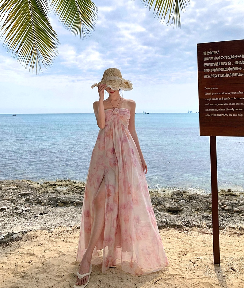 Fantastic A-Line 3D Flower Accent Flowy Tulle Maxi Dress Cute Floral Print Adjustable Tie-Back Halter Long Dress AP3520