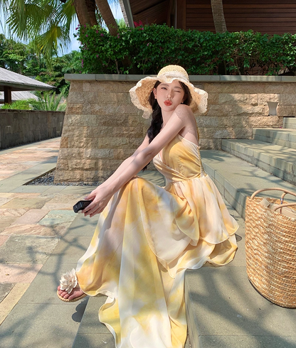 Classical A-Line Cinched-Waist Spaghetti Straps Maxi Dress Simple Tiered Yellow Tie-Dye Long Dress AP3521