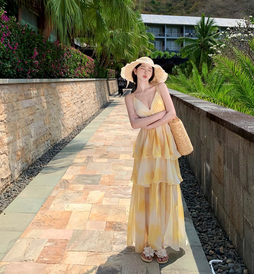 Classical A-Line Cinched-Waist Spaghetti Straps Maxi Dress Simple Tiered Yellow Tie-Dye Long Dress AP3521