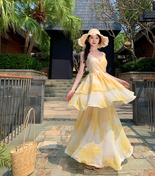 Classical A-Line Cinched-Waist Spaghetti Straps Maxi Dress Simple Tiered Yellow Tie-Dye Long Dress AP3521