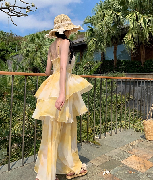 Classical A-Line Cinched-Waist Spaghetti Straps Maxi Dress Simple Tiered Yellow Tie-Dye Long Dress AP3521