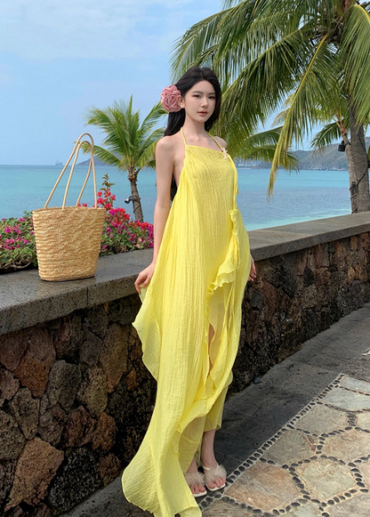 Elegant A-Line Backless Yellow Maxi Dress Retro Asymmetric Neckline Ruffles Slit Tulle Halter Long Dress AP3522