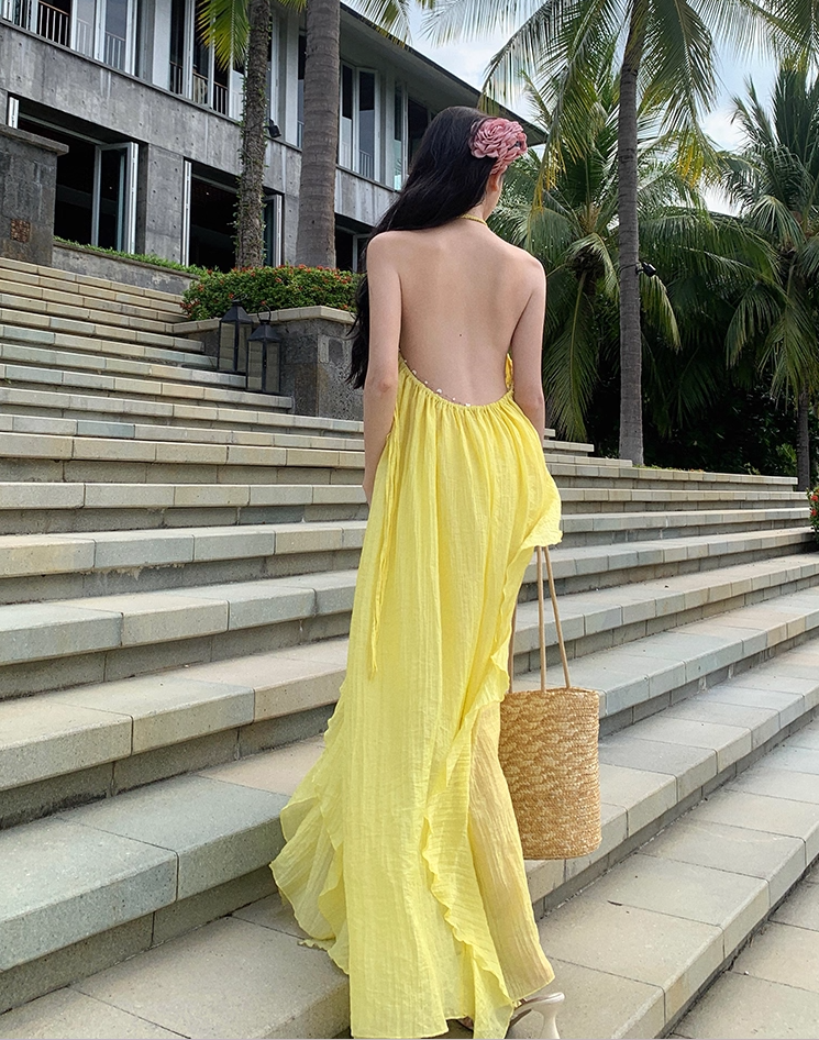 Elegant A-Line Backless Yellow Maxi Dress Retro Asymmetric Neckline Ruffles Slit Tulle Halter Long Dress AP3522